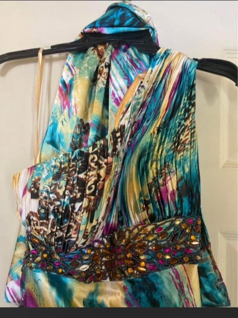Y2K XOXO One-Shoulder Teal/Multi Beaded-Waist Evening Gown - Picture 3 of 3